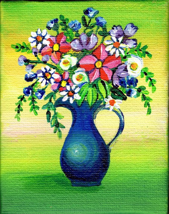 colourfulmflowers in blue vase, original acrylic miniature painting, still life