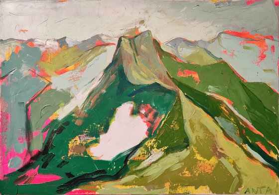 Oil painting, canvas art, stretched, "Mountains 3". Size 39,4/ 27,6 inches (100/70cm).