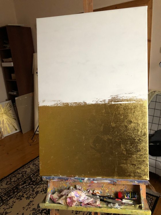 Large modern painting with gold and white