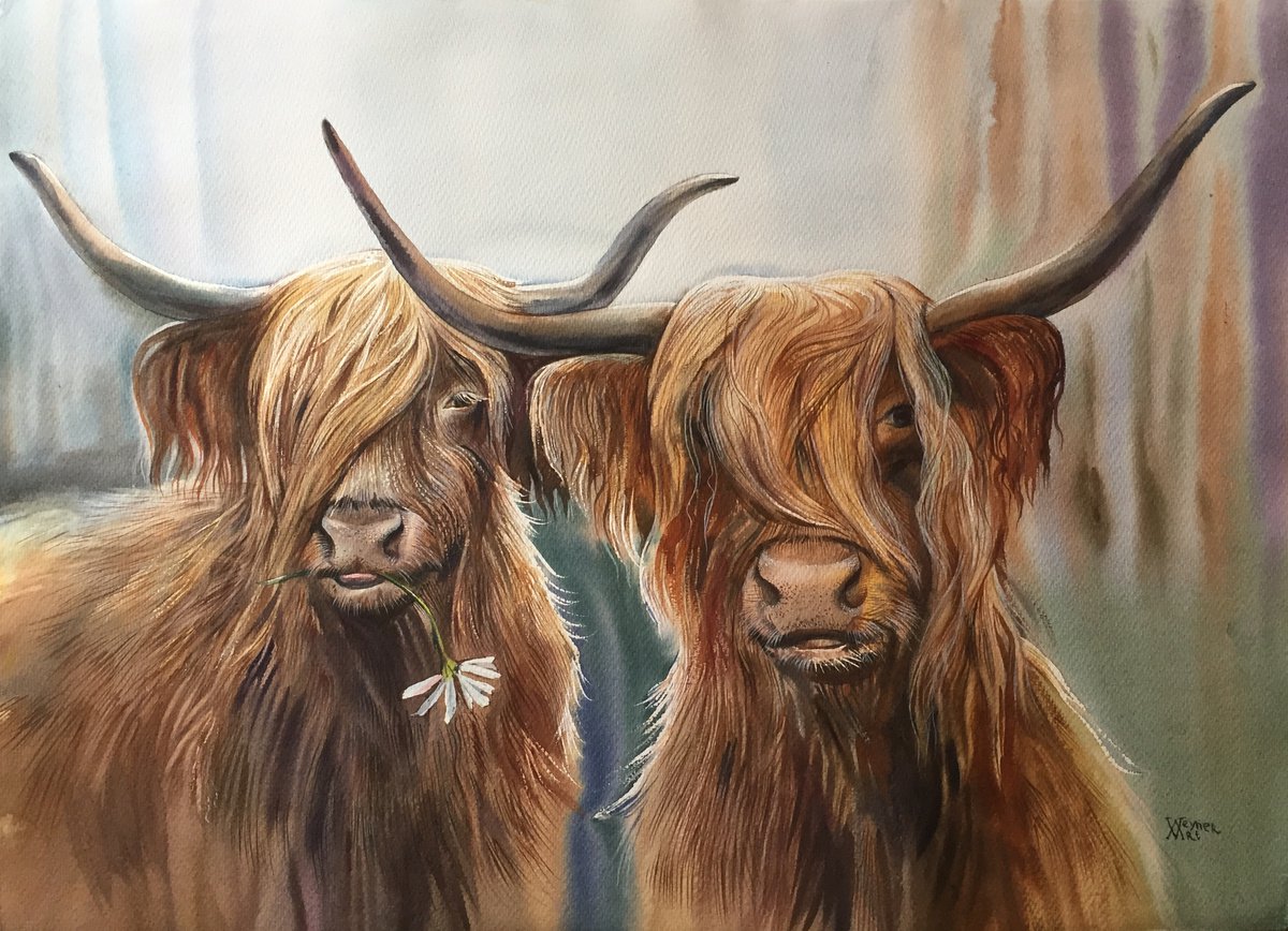 Loving bulls. Romantic painting by Natalia Veyner