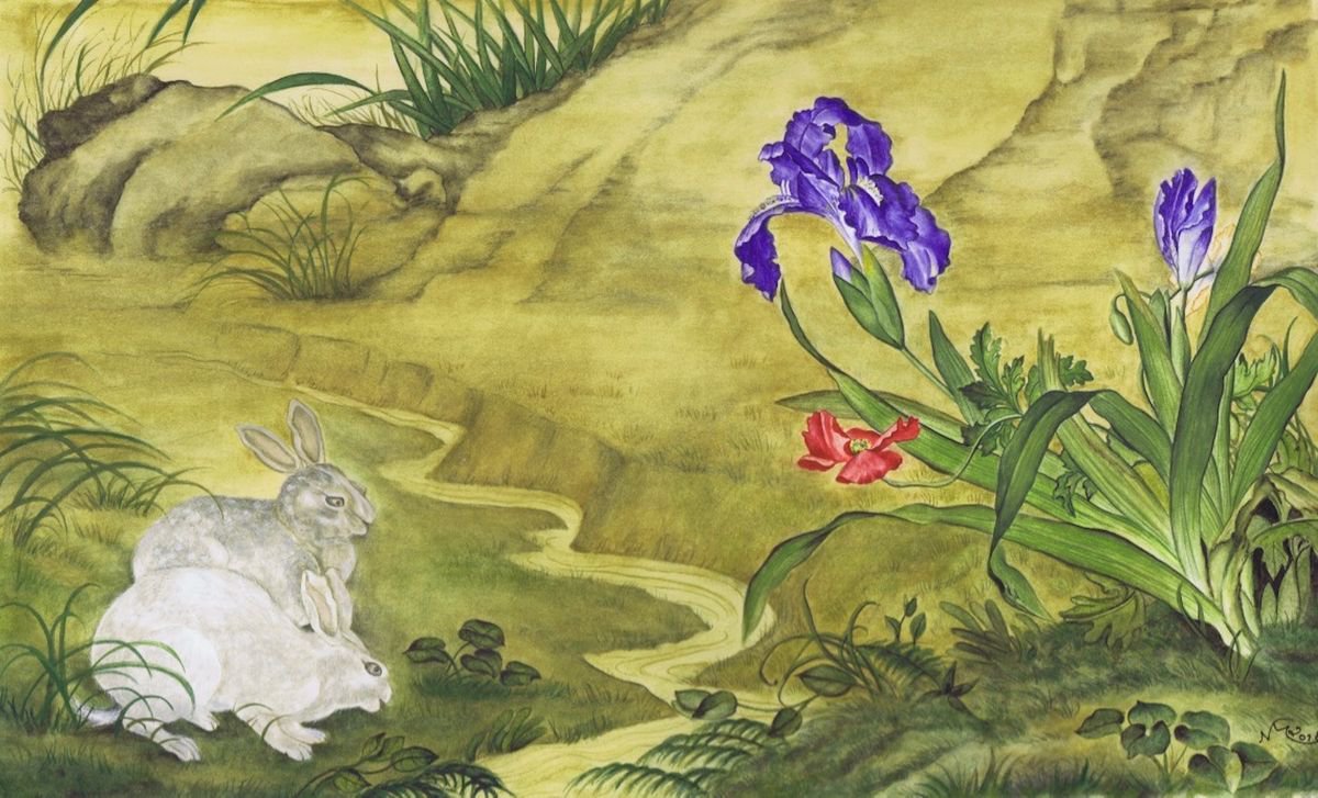 Rabbits, Poppy & Irises by Nicola Mountney