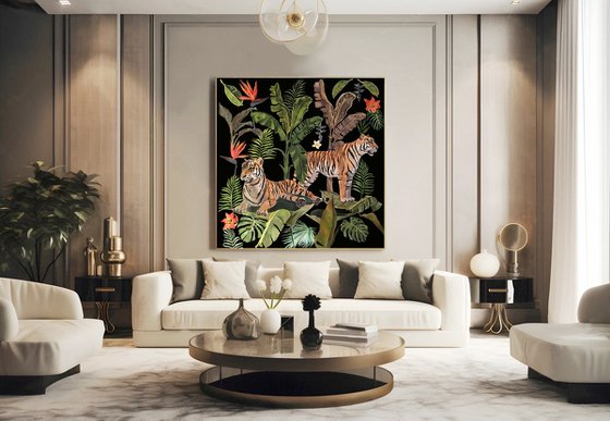 Jungle Heart Beat  - Two Tigers 2 - Art-Deco - Organic Floral, XL LARGE PAINTING