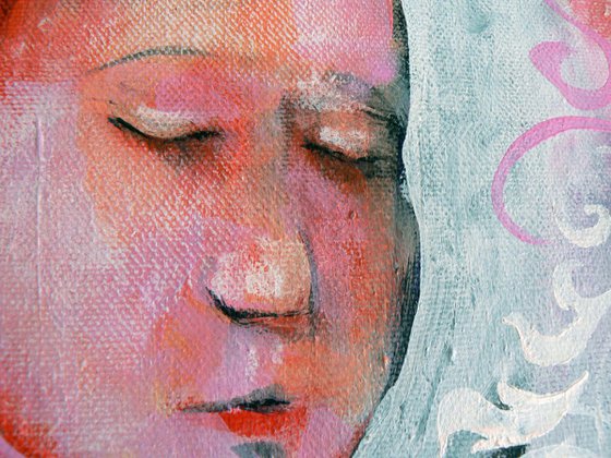 Bring Me My Shadow (Large contemporary semi figurative painting, featuring kimono and washi patterns )