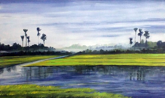 Winter Rural Cornfield & River - Acrylic on Canvas Painting