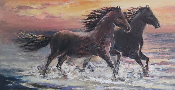 Horse couple (80x60cm, oil painting, ready to hang)