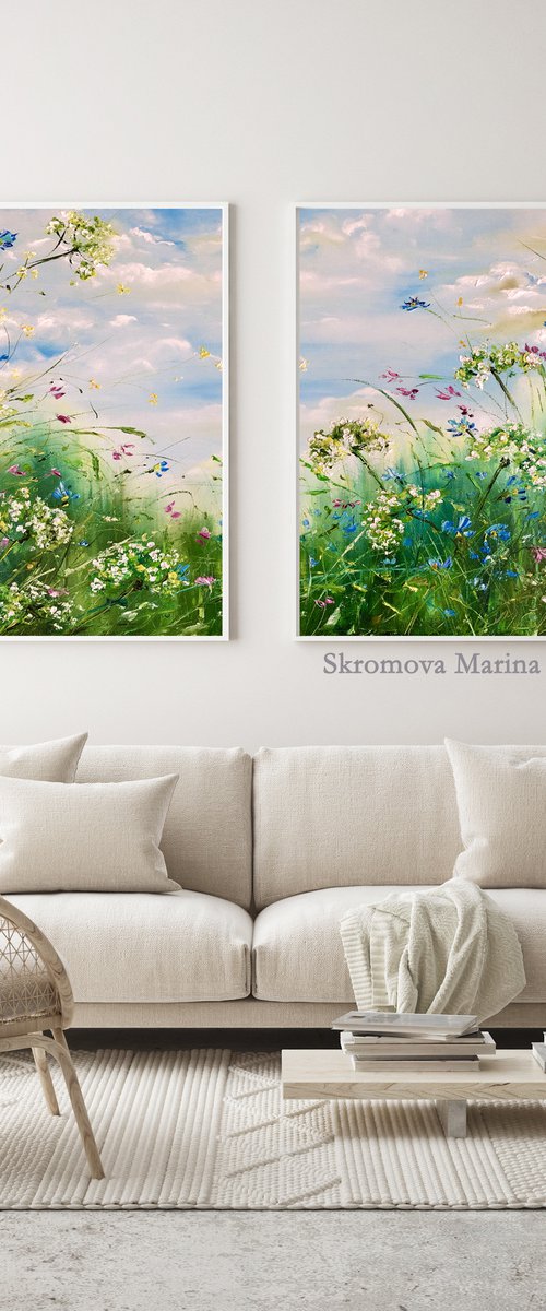 DREAMER'S CORNER - Set of 2 green meadow. Wind. Summer. Positive. Warm. Colorful diptych. by Marina Skromova