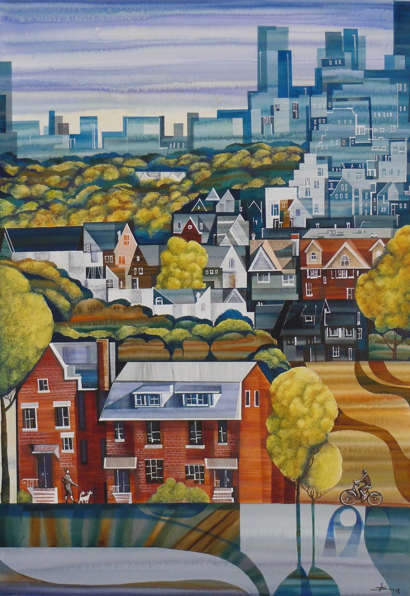 Organic Cityscapes Drawing By Julia Ismambetova, 20 X 28", At The Crossroads Of Seasons, Original Artwork