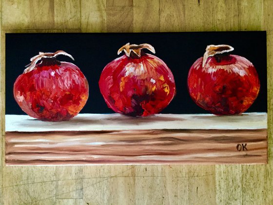 Still life with three Pomegranates fruits still life original oil painting on canvas wall decor