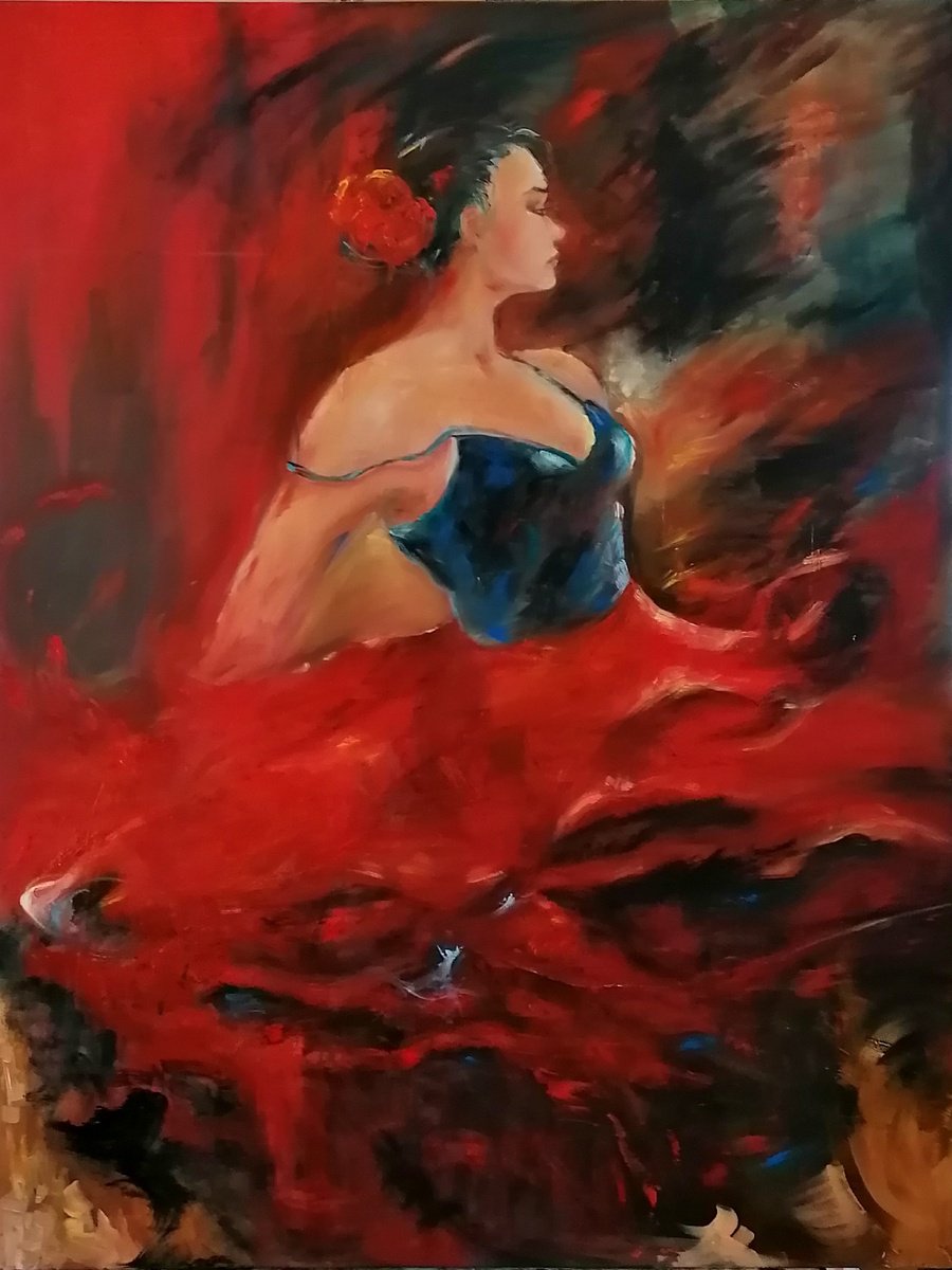 Impressionistic Portrait Oil Painting By Susana Z. Harris, 30 X 40", Flamenco Dancer 61, Original Artwork