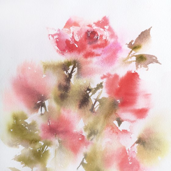 Roses. Red flowers watercolor painting