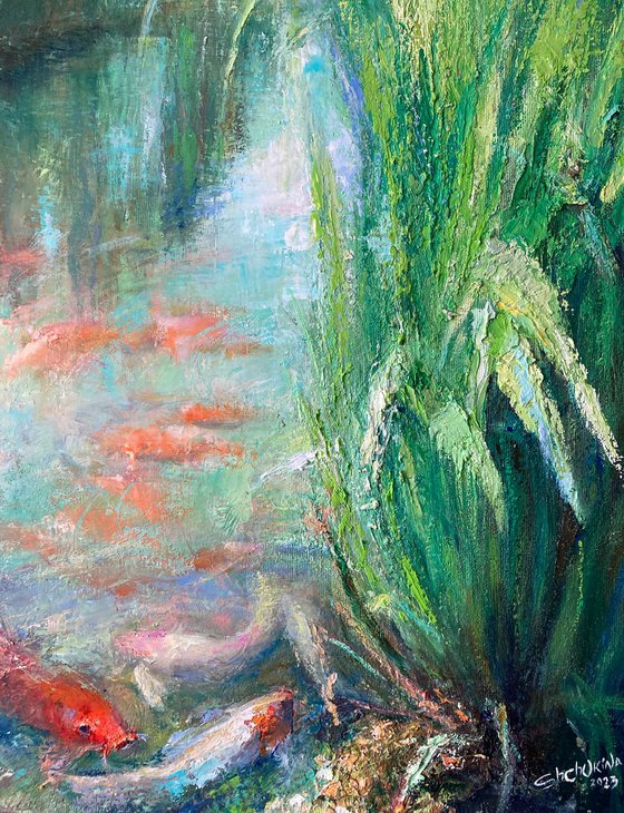 Nature in red and green . Japanese garden . Original oil painting