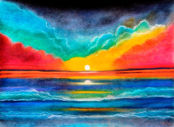 Ocean Sunset colorful pastel painting