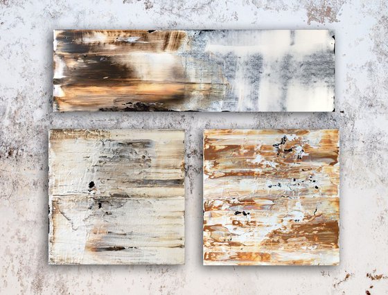 "Staying Neutral" - Save As A Series - Original Large PMS Abstract Triptych Acrylic Paintings On Canvas and Wood - 42" x 32"