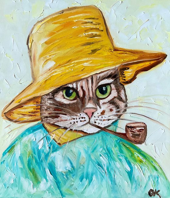Cat La Vincent Van Gogh with a pipe. by his self portrait in a straw hat.