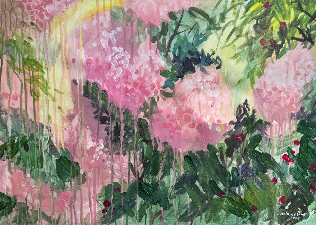 Expressive Landscape Acrylic Painting By Yevheniia Salamatina, 28 X 20", Hydrangea And Raspberry Bush, Original Artwork