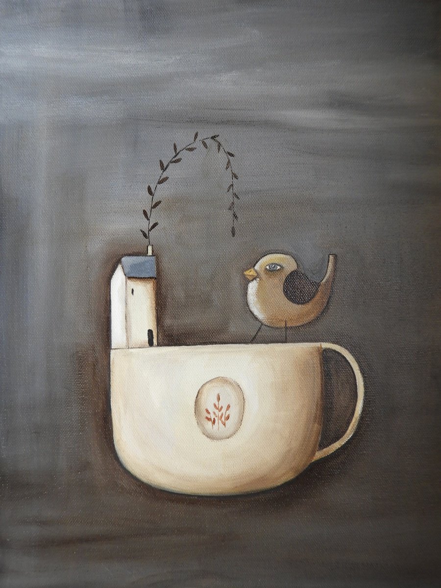 Illustrative Oil Painting , A Special Cup With A Bird By Silvia Beneforti, 12 X 16, Artwork For Sale On Artfinder