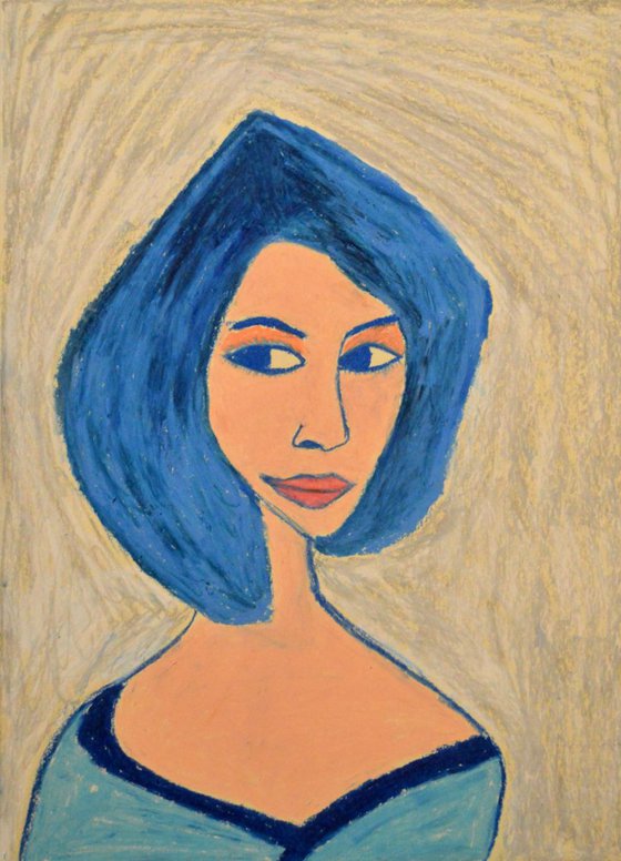 Tender woman with blue hair