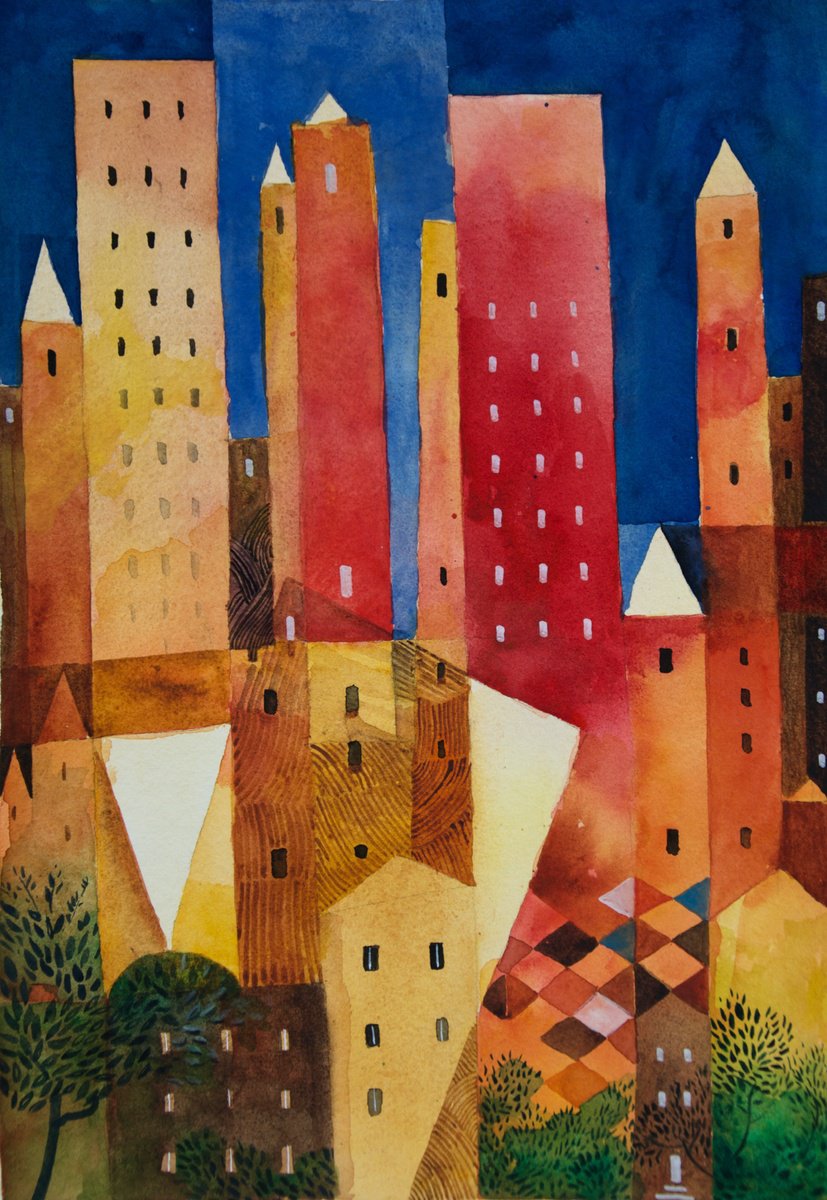 Impressionistic Watercolour , Abstract Town By Alessandro Andreuccetti, 12 X 16, Artwork For Sale On Artfinder
