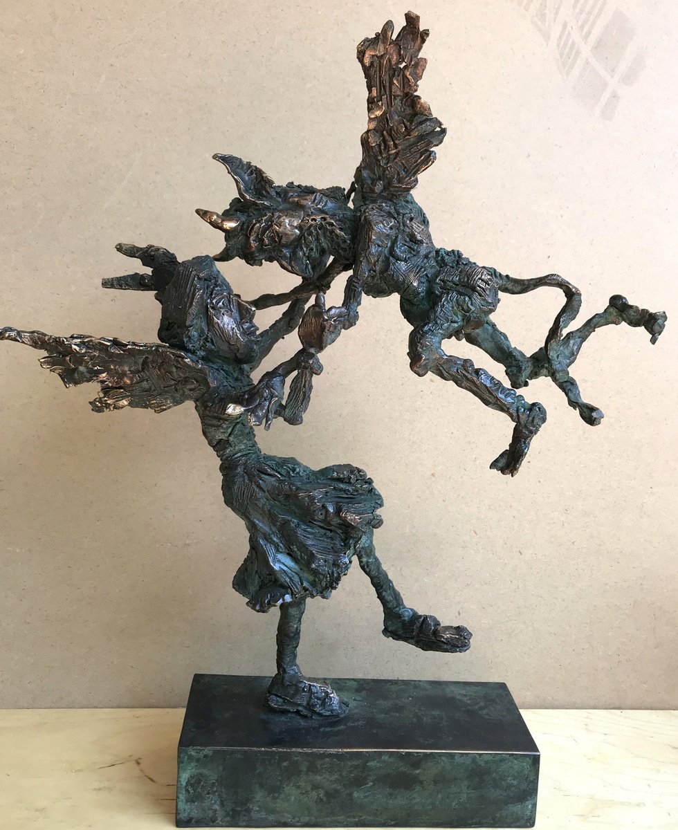 Surrealistic Portrait Bronze Sculpture By Toth Erno, 20 X 20", Angel And Devil, Original Artwork