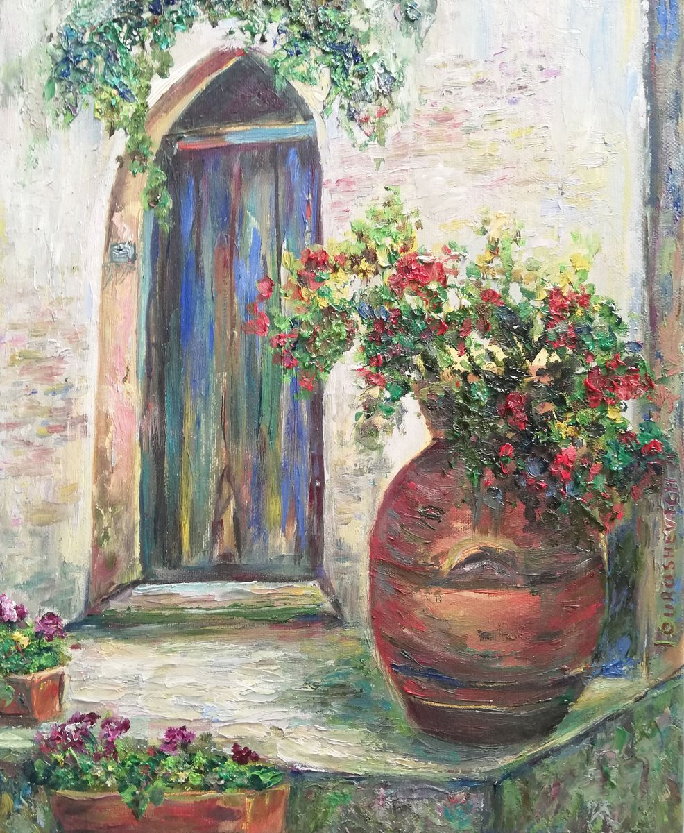 Impressionistic Cityscapes Oil Painting By Katia Ricci, 10 X 12", Old Door, Original Artwork