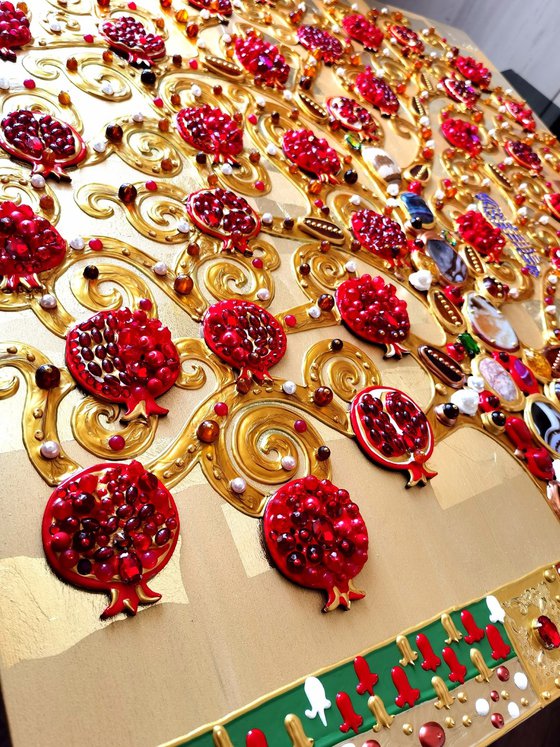 Pomegranate Tree artwork. Golden red art. Decorative wooden relief textured wall hanging sculpture with precious stones and crystal rhinestones. Gift