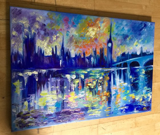 Sunset  in London. Big Ben. House of Parliament.  LARGE OIL PAINTING