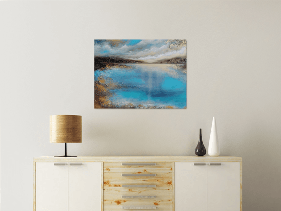 A large semi-abstract beautiful structured mixed media painting of a seascape with the sunrise "A new day" from "Silence" series