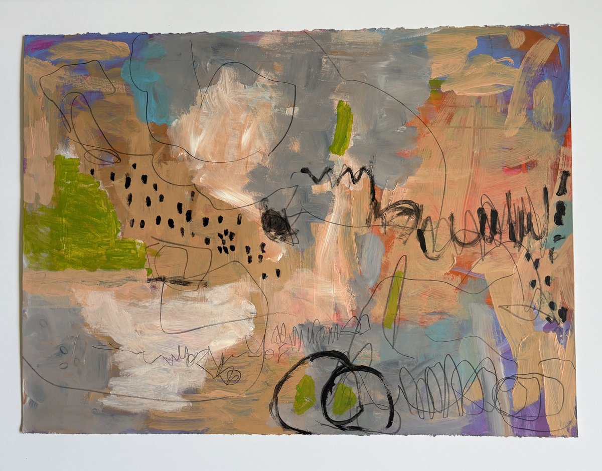 Organic Abstract Acrylic Painting By Marilyn Fox, 27 X 20", Flight Over Canyon, Original Artwork