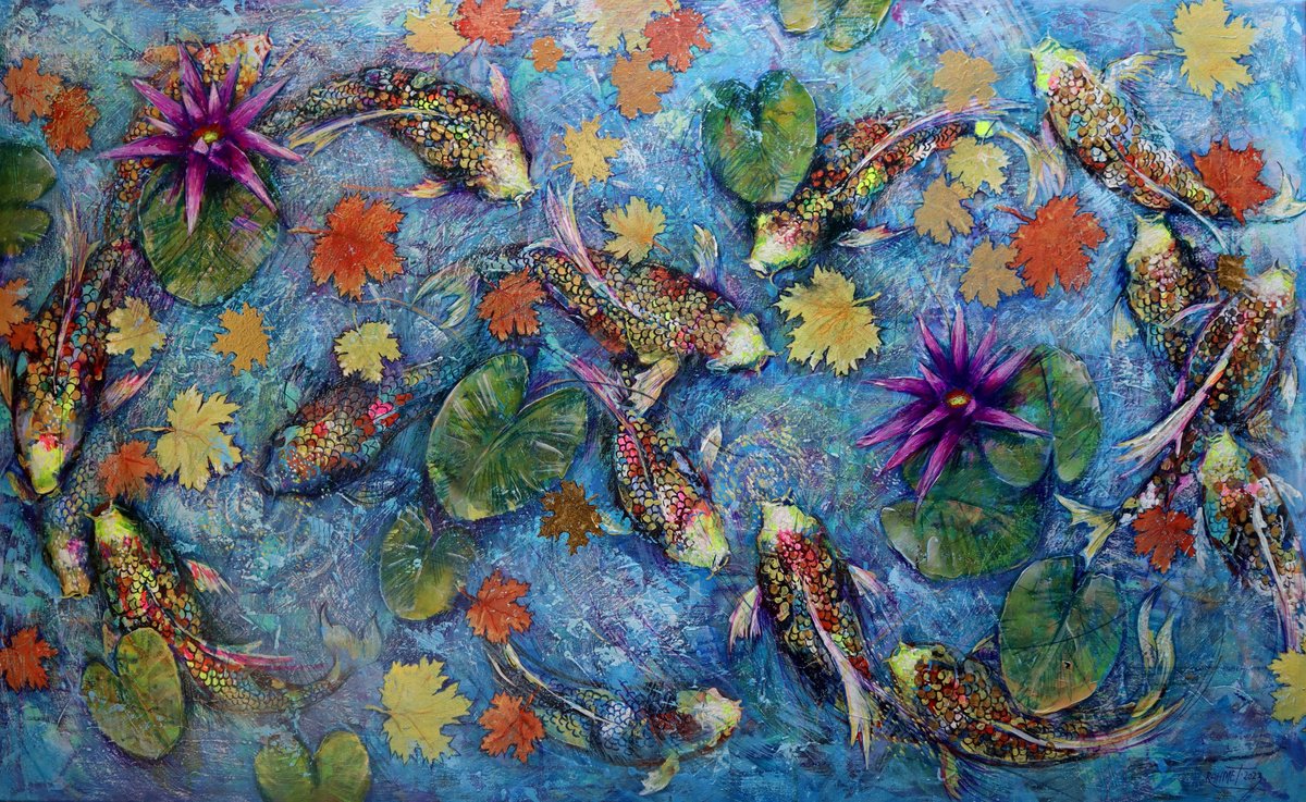 Impressionistic Animal Oil Painting By Rakhmet Redzhepov, 59 X 35", Koi Fish And Golden Leaves, Original Artwork