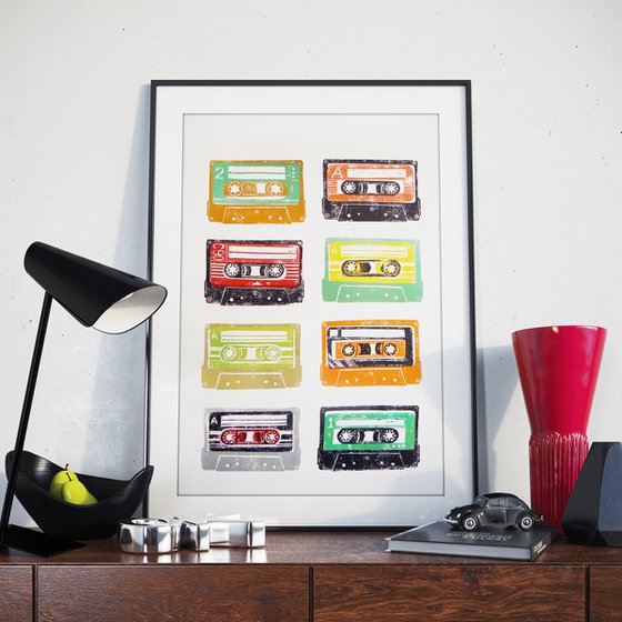 Linocut tapes #4 (cassette tapes, retro music, 70's, 80's rock culture)