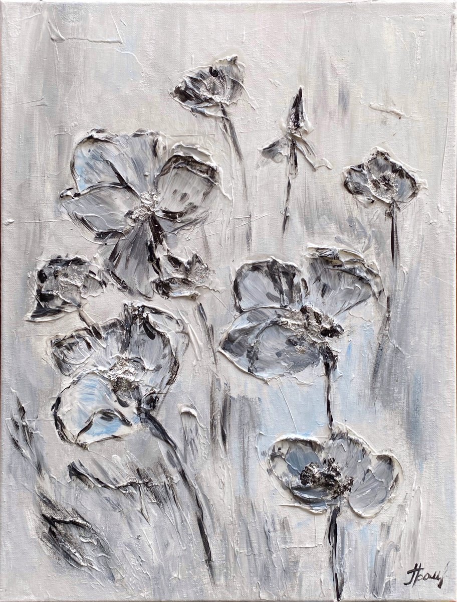 Impressionistic Botanical Painting By Oksana Fedorova, 16 X 20", Silver Flowers, Original Artwork
