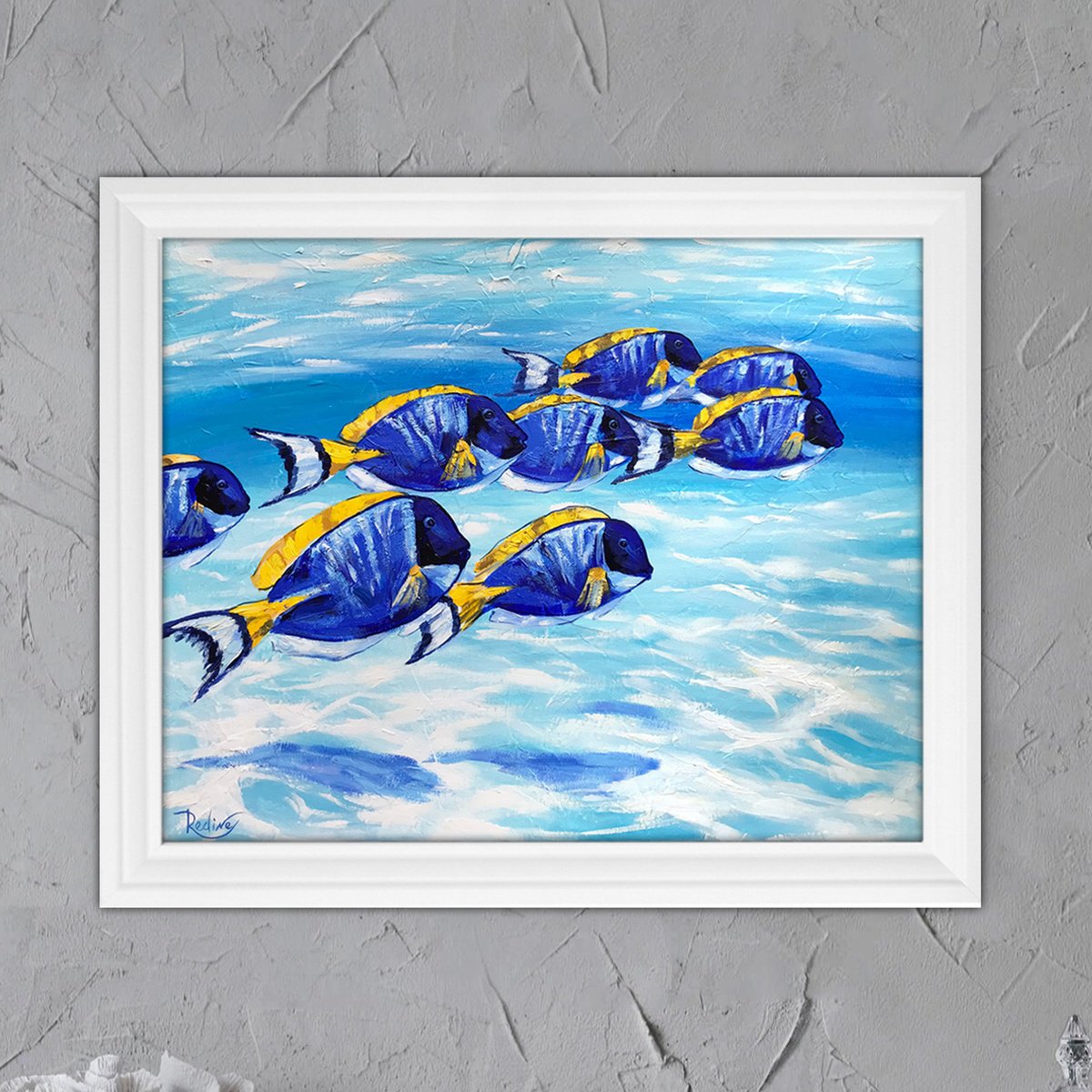 Impressionistic Animal Acrylic Painting By Irina Redine, 22 X 19, Blue Tang Fish School, Original Artwork