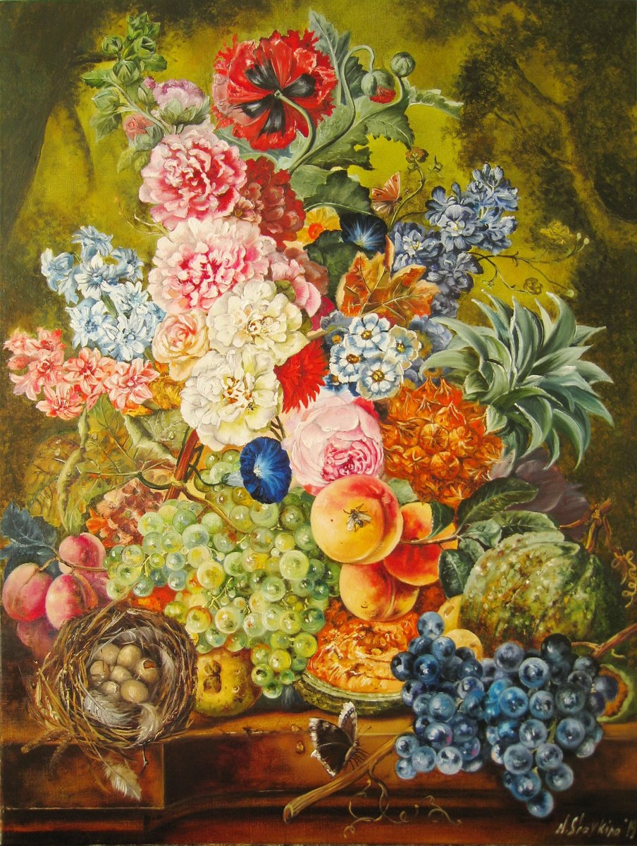 Photorealistic Oil Painting , Fruit And Blossoms On Table By Natalia Shaykina, 30 X 39, Artwork For Sale On Artfinder