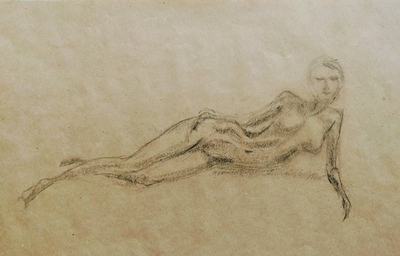 Nude. Sketch. Original pencil drawing on beige paper