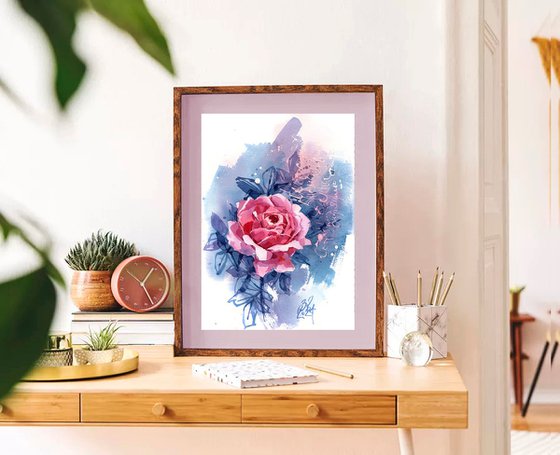 "Pearl" original watercolor of an English garden pink rose