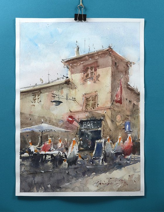 Italian Cafe, Urban Watercolor Landscape.