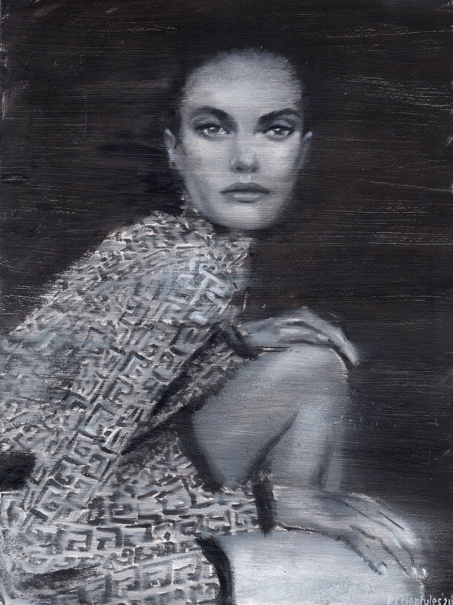 Barbara | Black and white oil painting on paper | fashion muse model woman lady wearing Fe... by Renske Karlien Hercules