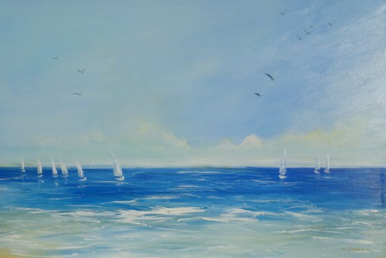 Large Abstract Seascape Painting. Beach, ocean, waves, sky with clouds, sailboats, sailing, yacht.