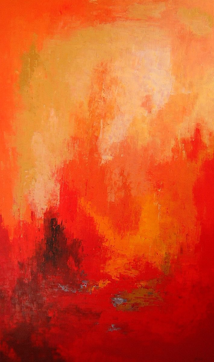 Abstract Landscape Oil Painting By Saroja Van Der Stegen, 40 X 65", Red Day (Ref#:1076-100M), Original Artwork