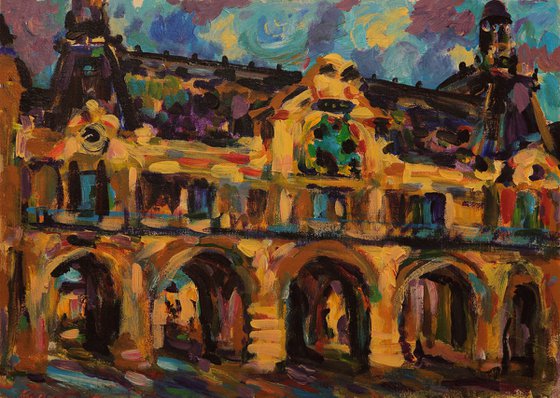 LOUVRE - original painting, architecture of Paris, cityscape