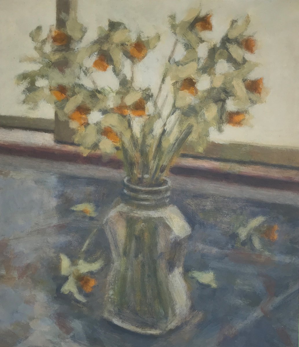 Impressionistic Botanical Acrylic Painting By Hugo Lines, 13 X 15, Daffodils In A Jar, Original Artwork