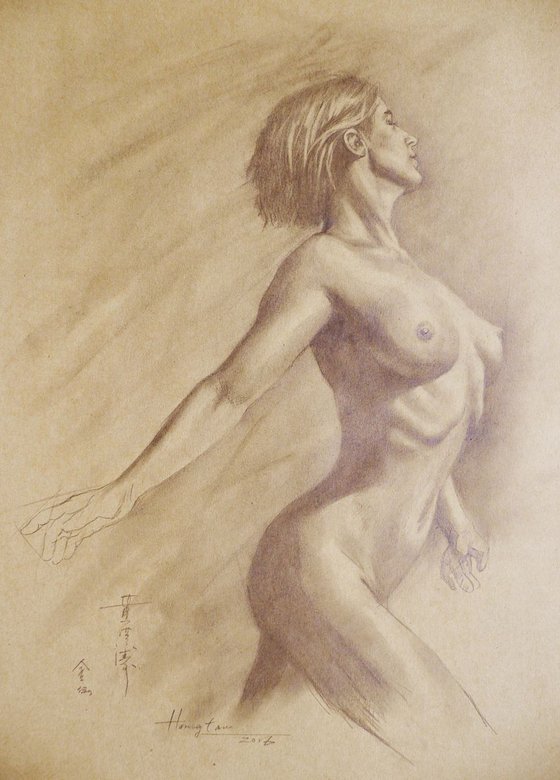 ORIGINAL DRAWING PENCIL  ART NAKED GIRL  ON BROWN PAPER#16-6-13