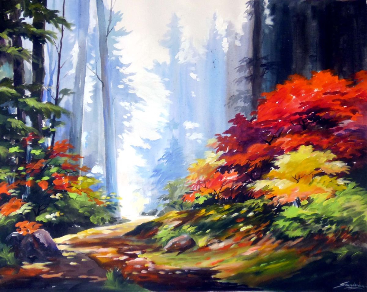 Photorealistic Landscape Acrylic Painting By Samiran Sarkar, 36 X 28", Beauty Of Autumn Forest, Original Artwork