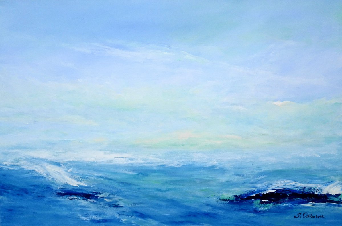 Large Abstract Seascape Painting #810-44. Dark blue, grey, teal, white. Beach, ocean, wave... by Sveta Osborne