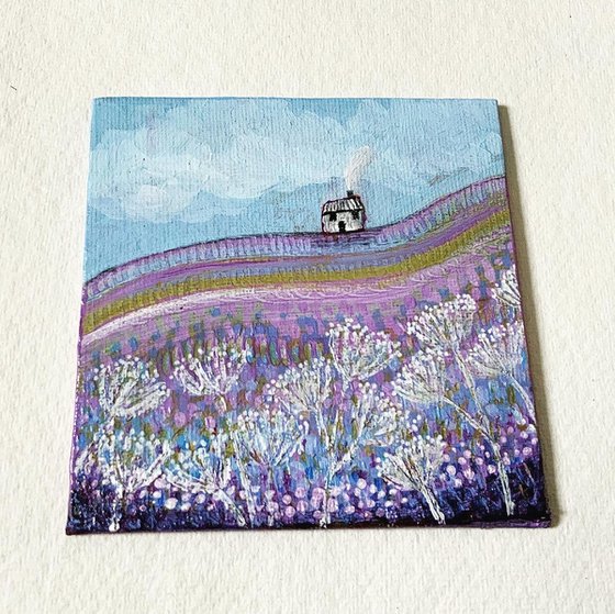 Lilac Fields 10x10cm small acrylic landscape canvas board painting