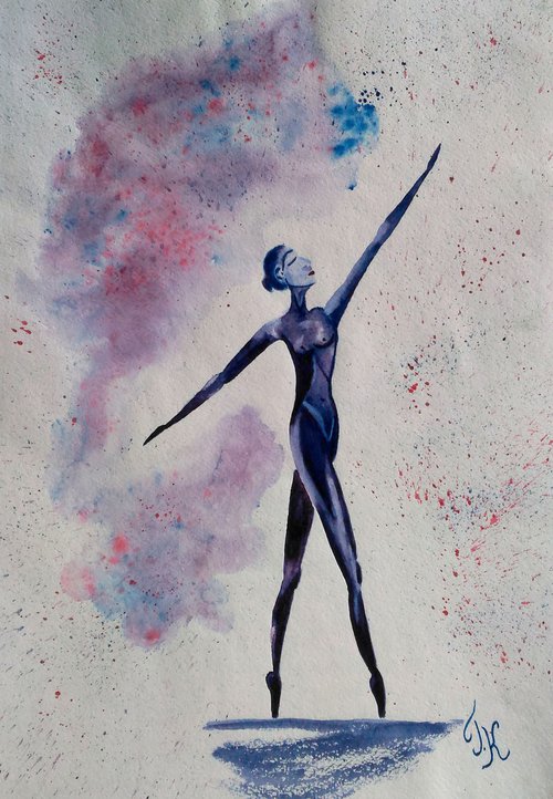 Ballet Painting Dance Original Art Ballerina Watercolor Artwork Dancing Small Wall Art 12 by 17" by Halyna Kirichenko by Halyna Kirichenko