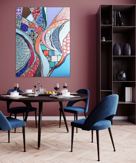 Colorful large abstract painting. Pink blue purple lilac silver Oriental wall art