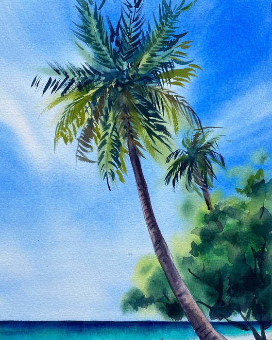 Coastal Harmony watercolor painting, original coastal painting,  blue sea painting with palms