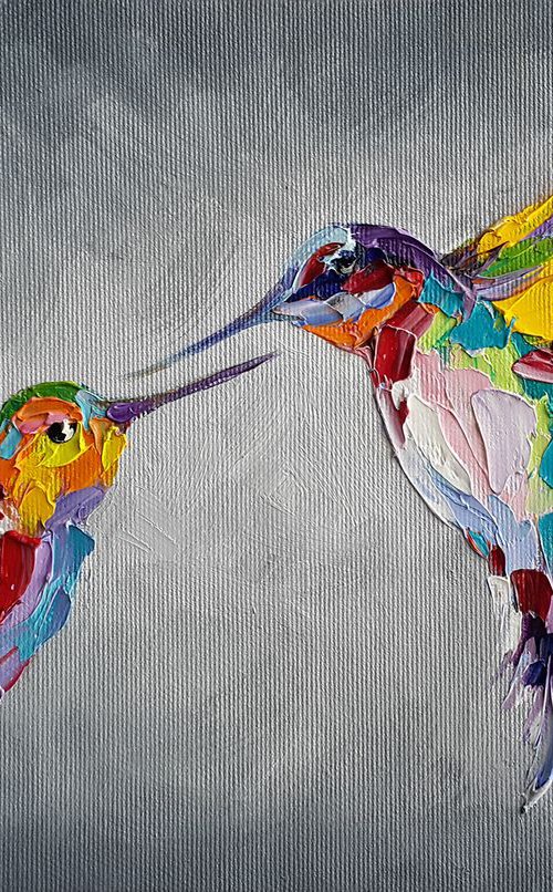 "Love for two" - Painting on canvas,animals oil painting, art bird, Impressionism, palette knife, gift. by Anastasia Kozorez