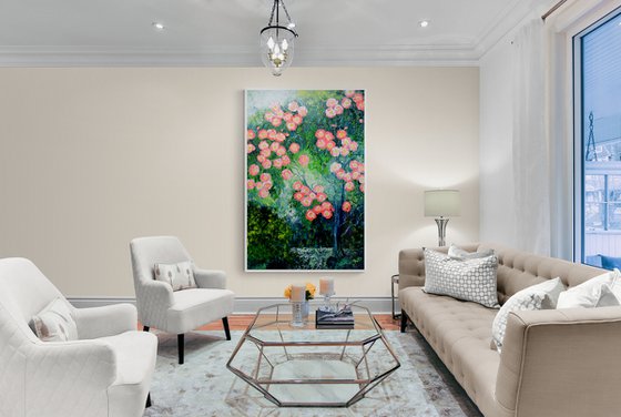 Pink flowers on the tree. Original oil painting on canvas. Extra large oil painting